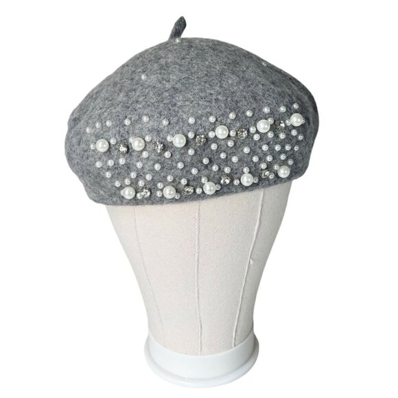 NEW Beret Hat Gray Wool Felt Beaded Embellished Rhinestones Pearls Coquette 90s - Picture 2 of 12